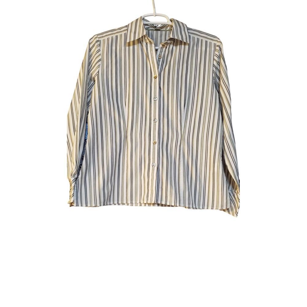 Pendleton Shirt Womens 10P White‎ Green Stripe Blouse 100% Cotton Long Sleeve
